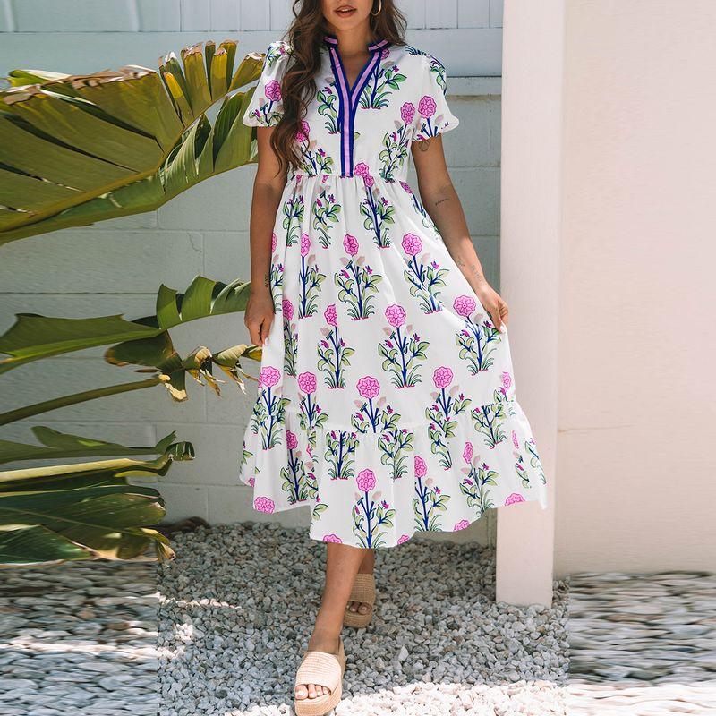 

США Шиинг Цветочный Принт Платье с V-образным вырезом Лето Новое поступление Мода Ретро Все сочетается Высокая талия А-силуэтное платье White P120 Size XL fit (70.00 kg-75.00 kg