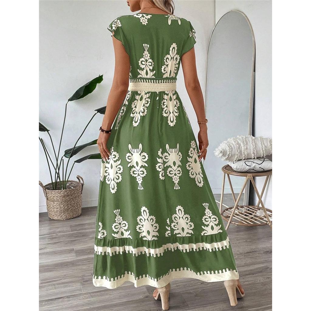 Women's Summer Ruffled Sleeves V-neck Waist-hugging Long Dress