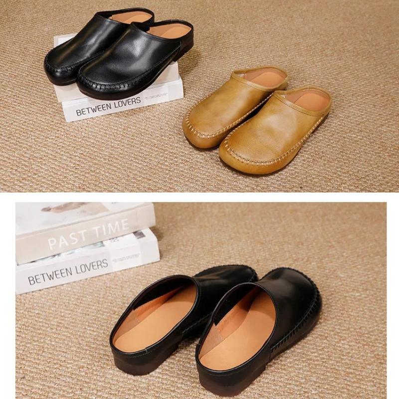 Johnature Retro Soft Soled Women's Slippers Genuine Leather Solid Color Handmade Comfortable Outdoor Slides