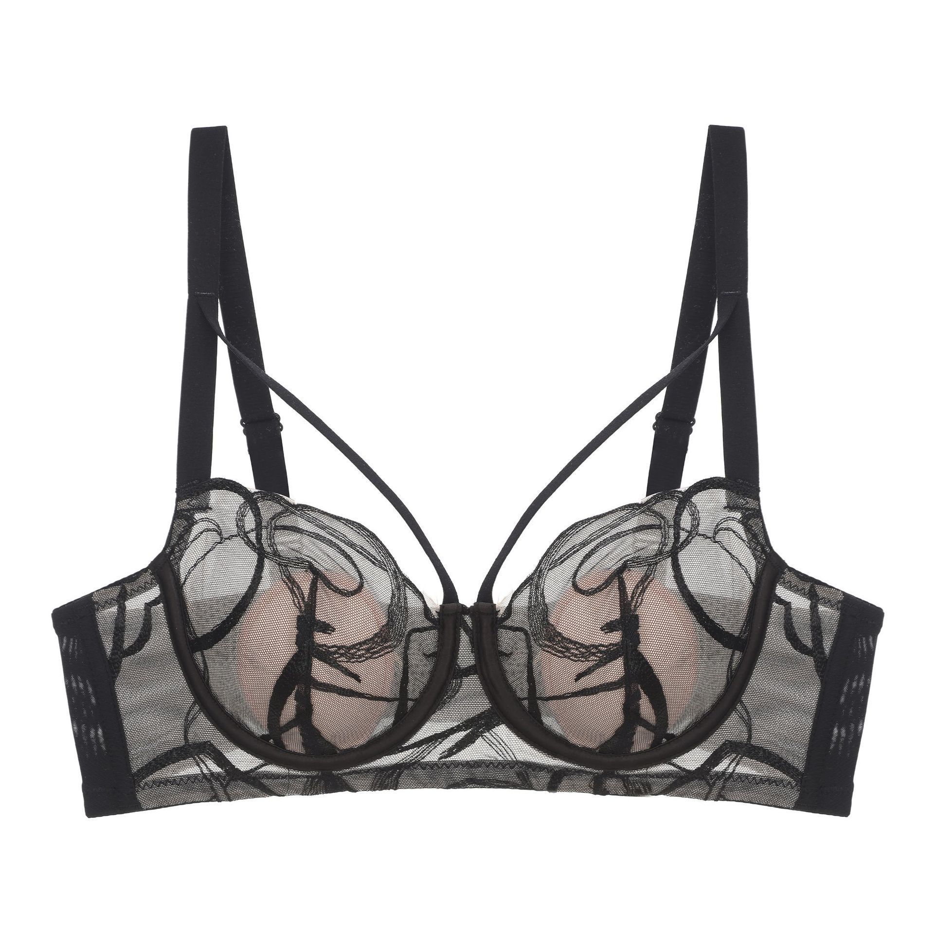 

French underwear sexy ink painting embroidery lace underwear rabbit ears cup large chest small large size gathering bra cover 70B чорний