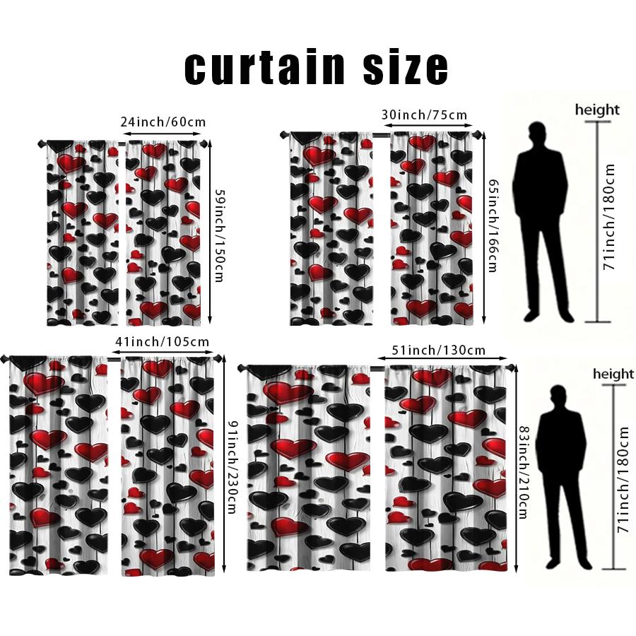 2PCS Red   White   Black Heart-shaped Wood Grain Curtains   Classic Style   Bedroom and Living Room   Pull Rod Pocket Style