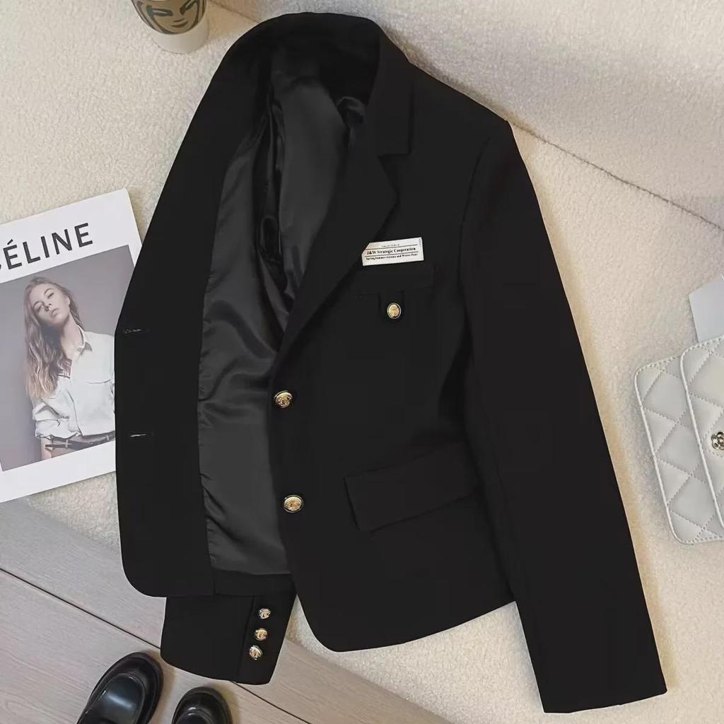 Women's Black Short Suit Jacket, Small Size - 2024 Autumn New College Style, Casual Streetwear
