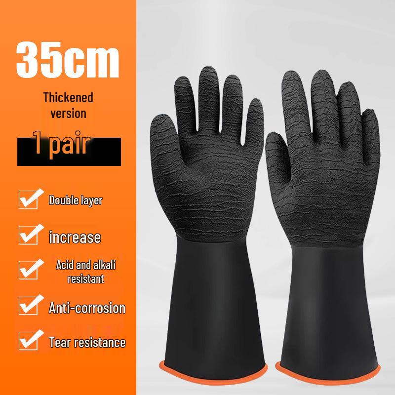 Thick, Extended Black Rubber Gloves: Acid & Alkali Resistant, Industrial-Grade, Anti-Corrosion, Waterproof Latex for Household & Industrial Use Pleated Chemical Protective Gloves / Pair 35cm