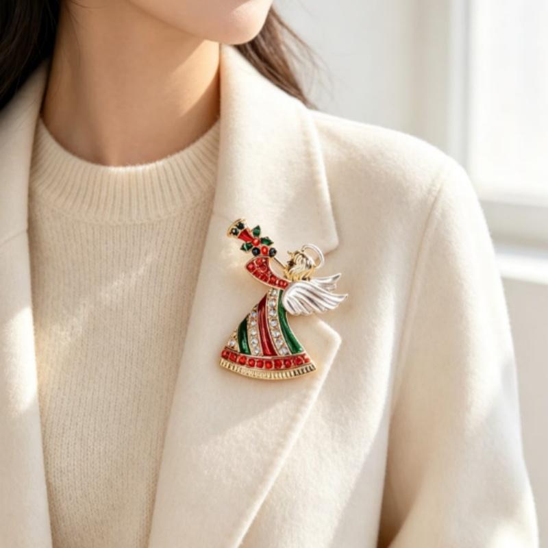 Christmas Angel Brooch Sparkly Rhinestone Inlay Gold Plated For Holiday Outfits Festive Gifting