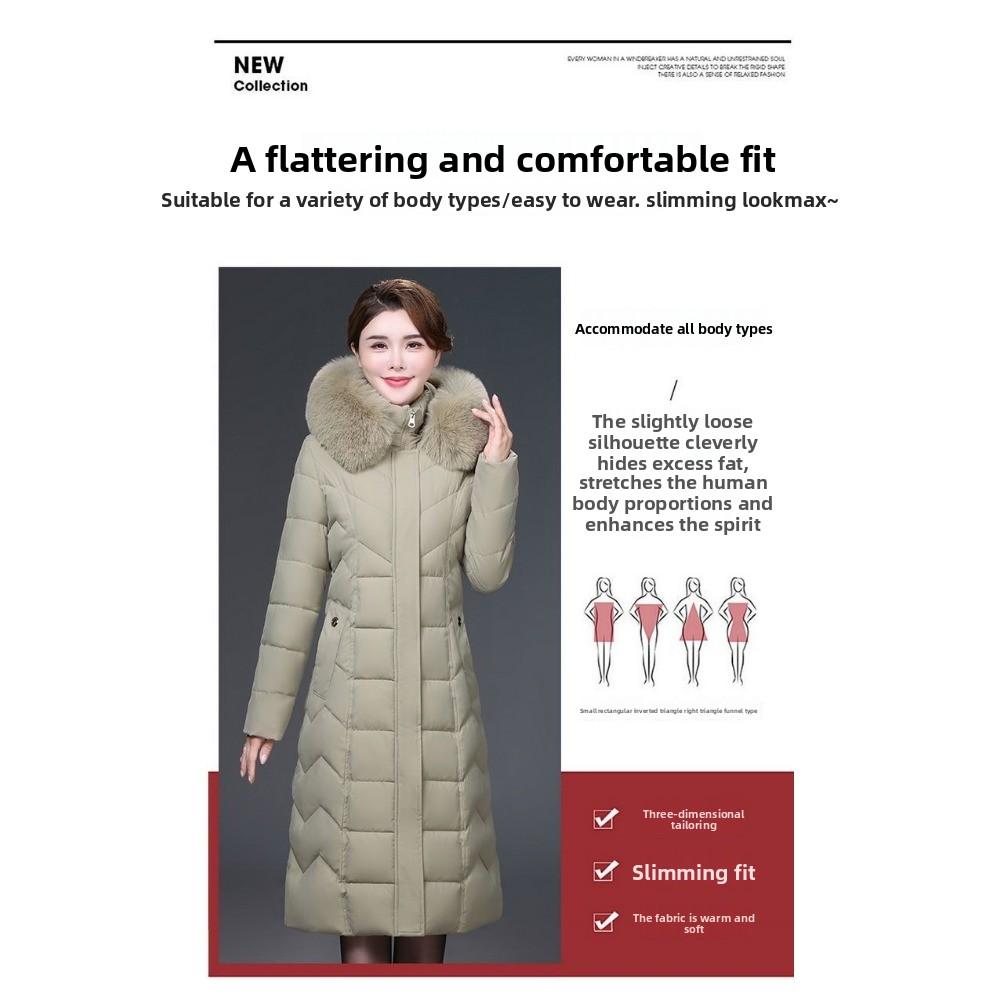 Vinter medellång dunjacka över knäet, plusstorlek, förtjockad kappa för medelålders och äldre mödrar