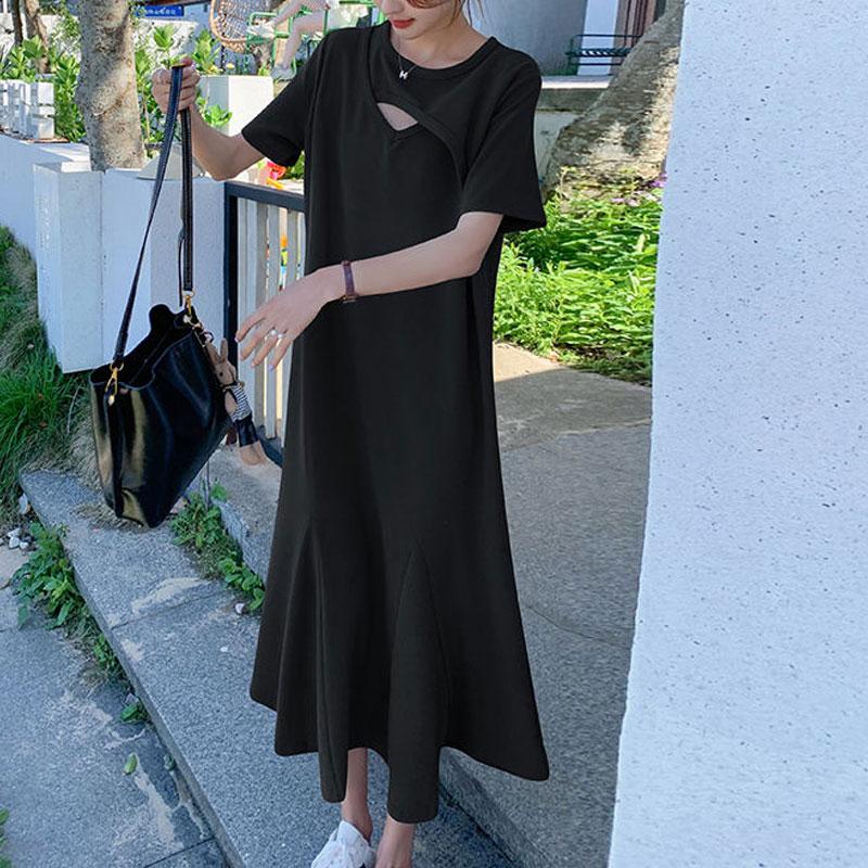 Casual Spliced Hollow Out Midi Dress Summer Short Sleeve Women's Loose Round Basic Solid Color Straight Dresses