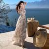 French Seaside Vacation Printed Neck Chiffon Cake Long Dress Women's Collar Waist Thin Dress Xia Xin