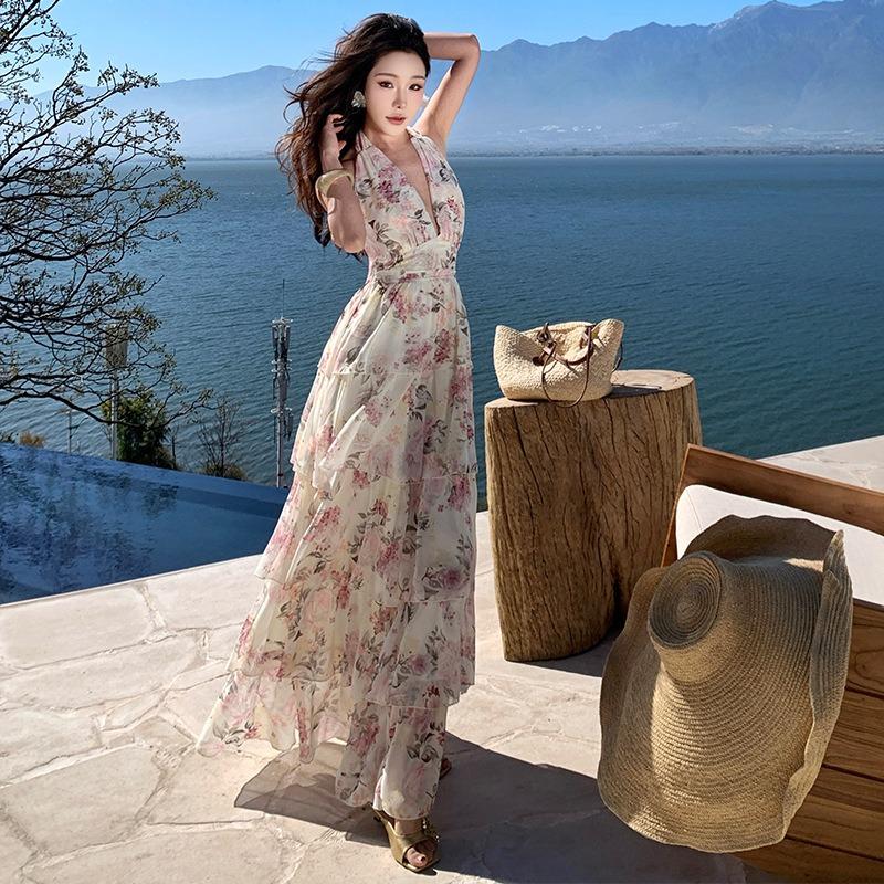 French Seaside Vacation Printed Neck Chiffon Cake Long Dress Women's Collar Waist Thin Dress Xia Xin