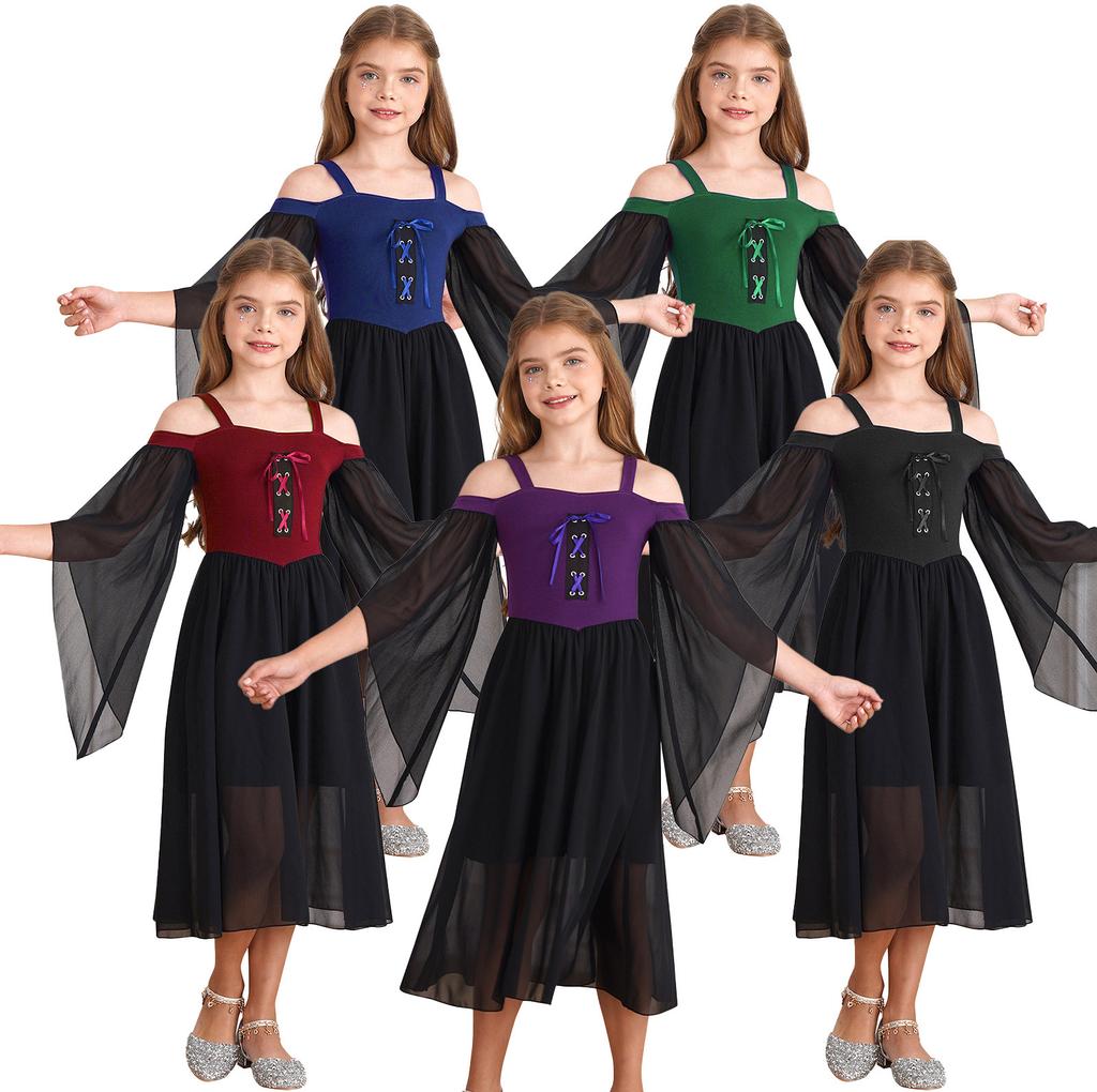 Kids Girls Renaissance Gothic Cosutme Off Shoulder Lace Trumpet Sleeve Dresses Medieval Steampunk Dress