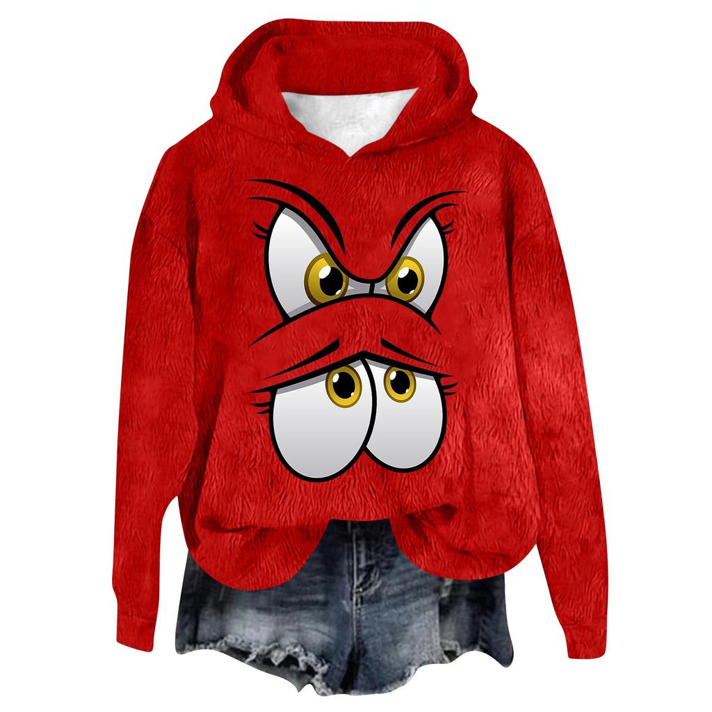 Women's Hooded Long Sleeve Christmas Printed Flannel Top Hooded Sweatshirt