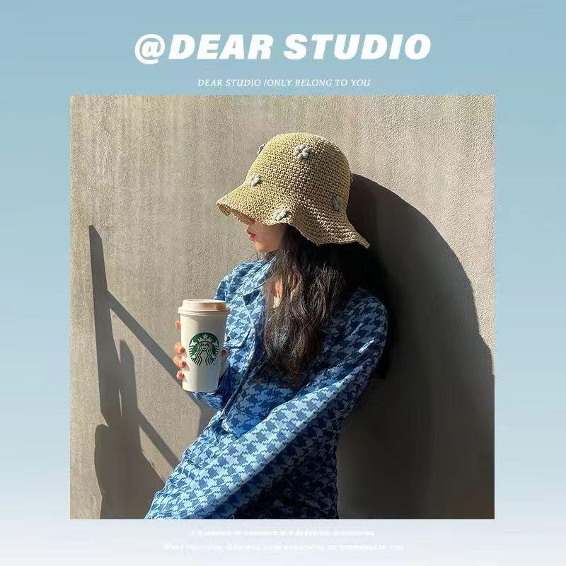 Sweet and Cute Blue Flower Straw Hat Female Big Eaves Seaside Sunshade Summer Beach Sunscreen Small Fresh Bucket Hat Tide