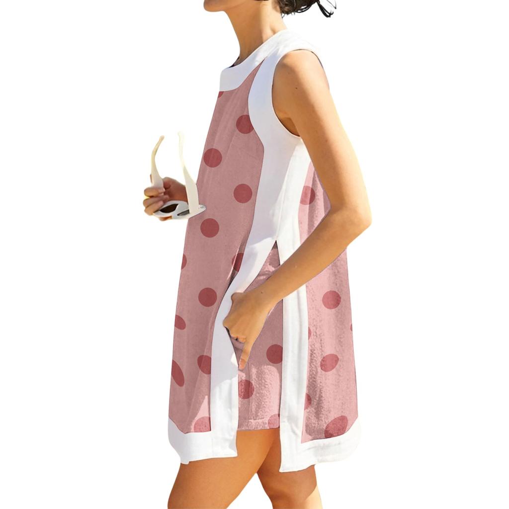 Women Sleeveless Long Tunic Top with Polka Dot Print Side Slits Casual Loose Fit Summer Vacation Beachwear