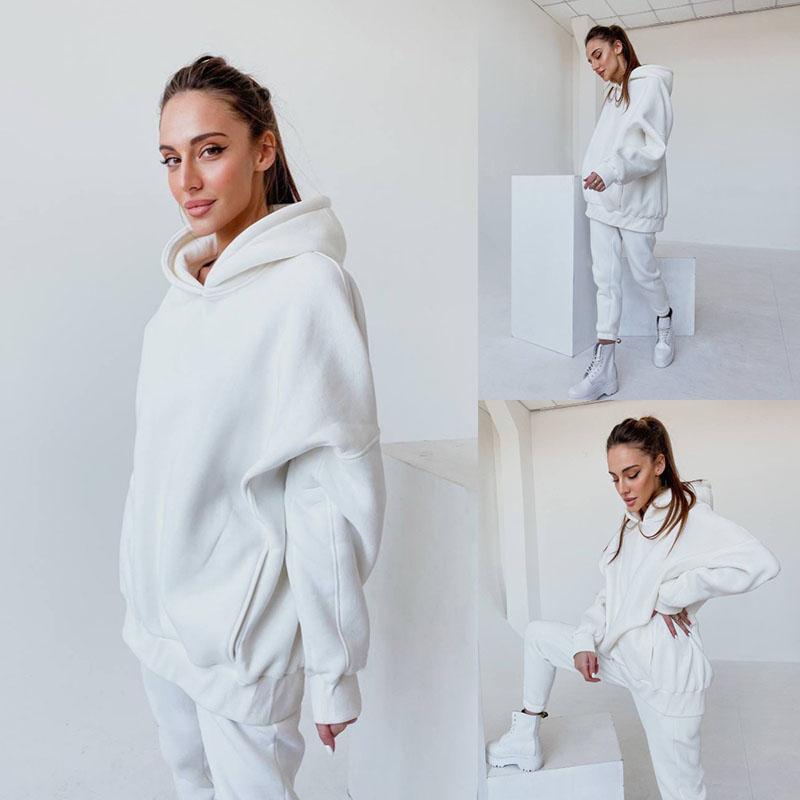 WTEMPO Women's Tracksuit Fleece Hooded Two Piece Set Loose Hoodies Jogger Pants Sets Female Autumn Casual Solid Sportswear Suit