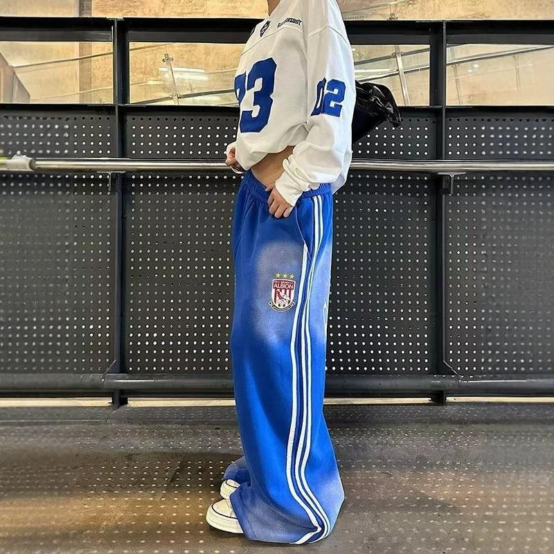 American Vintage Badge Print Track Pants Loose Fit Wide Leg Sweatpants Men Women Casual Streetwear