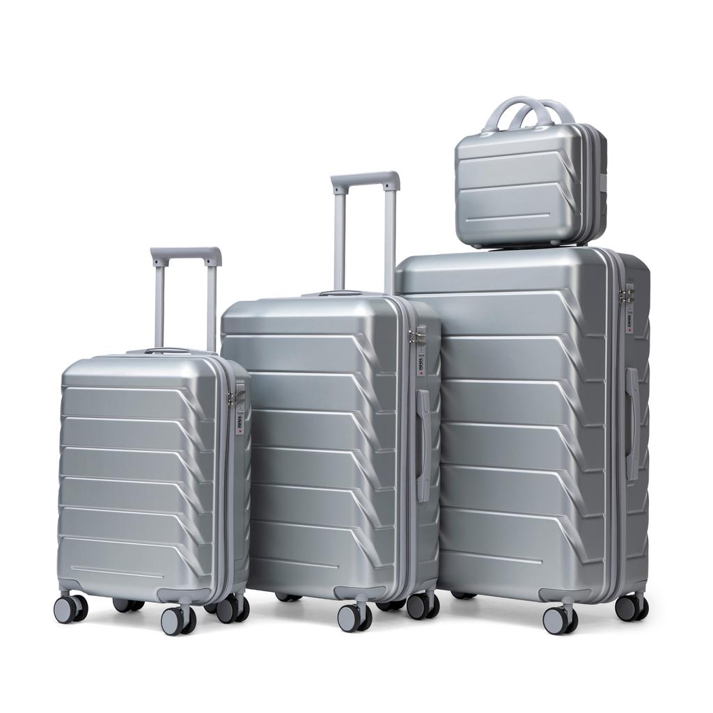 14"/19"/24"/28" 4-Piece ABS Spinner Luggage Set – Large & Medium Sizes – Integrated Combination Lock & 14" Cosmetic Bag (Silver)