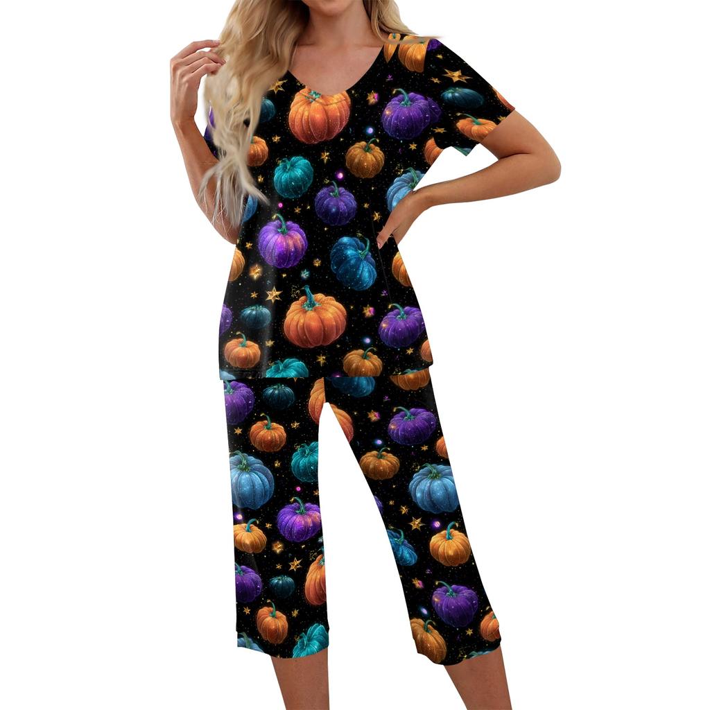 Women's Two Piece Set Short Sleeve Top and Capri Pants Casual Lounge Wear Halloween Floral Print Spider Web Pattern Soft Fabric