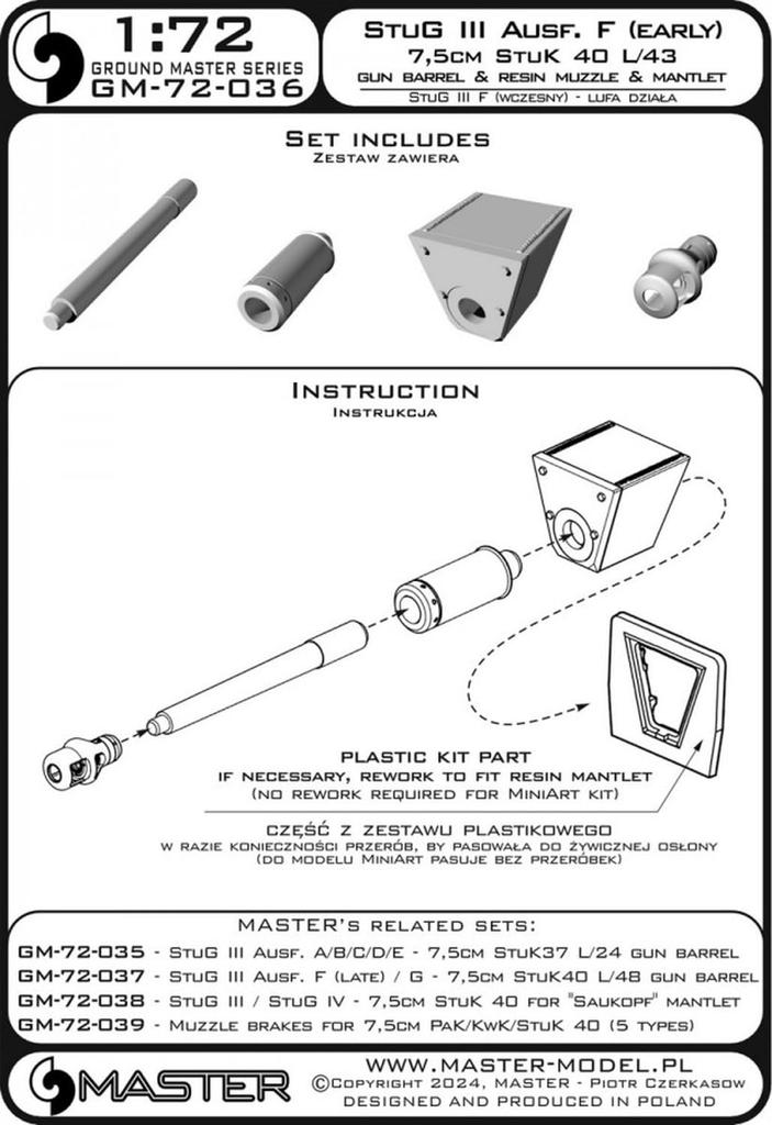 Master Model Lufa do niemieckiego StuK 40 z II Wojny Światowej z Hamulcem/Osłoną Lufy Wczesny Model StuG III Części do Modelu Plastikowego 1/72 7,5 cm L/43 (dla F) GM-72-036 (Zbiornik)