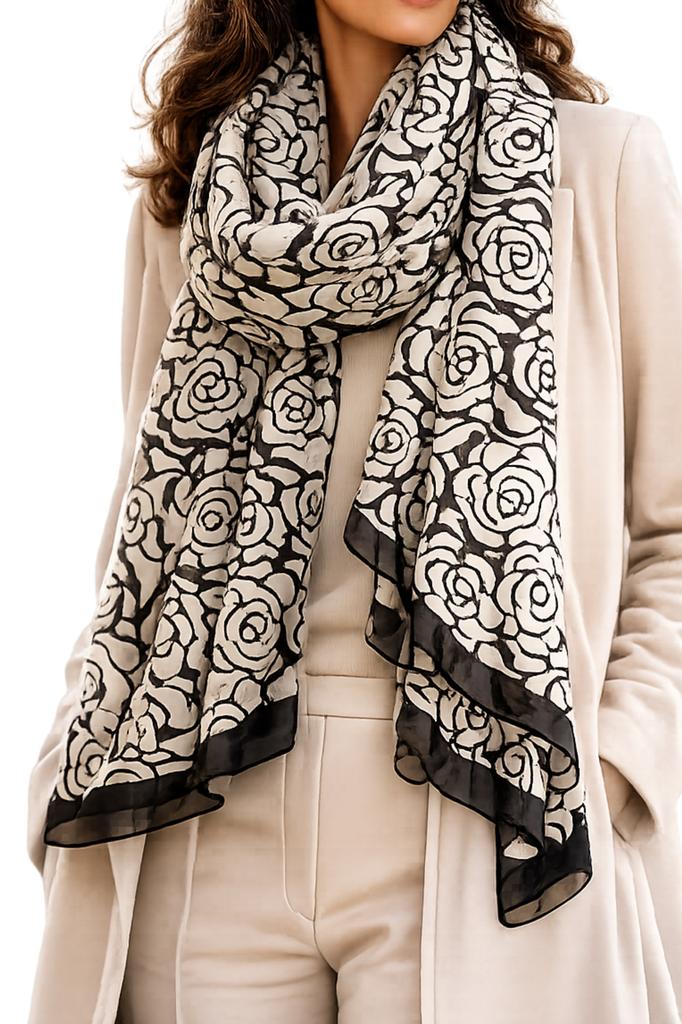 Scarf with a Rose Motif - Black and White, Elegant, Light