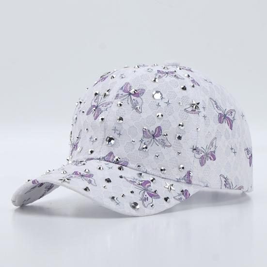 Baseball Hat Adjustable Back Buckle Butterfly Design Curved Brim Sun Protection Lace Hat with Rhinestones Inlaid Women Headwear