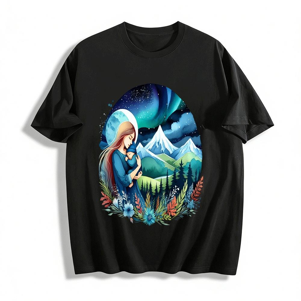 Northern Lights Moon Night Mother And Child Hug Landscape Print Top Pure cotton T-shirt XXS