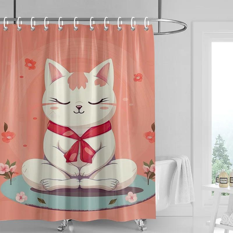Cat Forest Shower Curtain Waterproof Fabric Mildew Resistant Bathroom Curtain Ins Wind Cute Bathroom Curtains