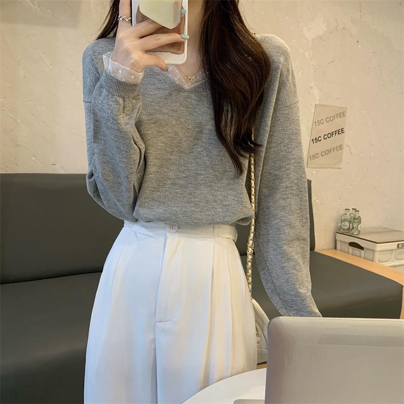 

Весенне-осенняя кружевная трикотажная рубашка с V-образным вырезом и длинным рукавом для женщин, черная базовая кофта-свитер L серый