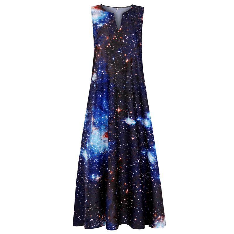 

Women s High Waist Retro Starry Sleeveless Printed Dress Black 4XL