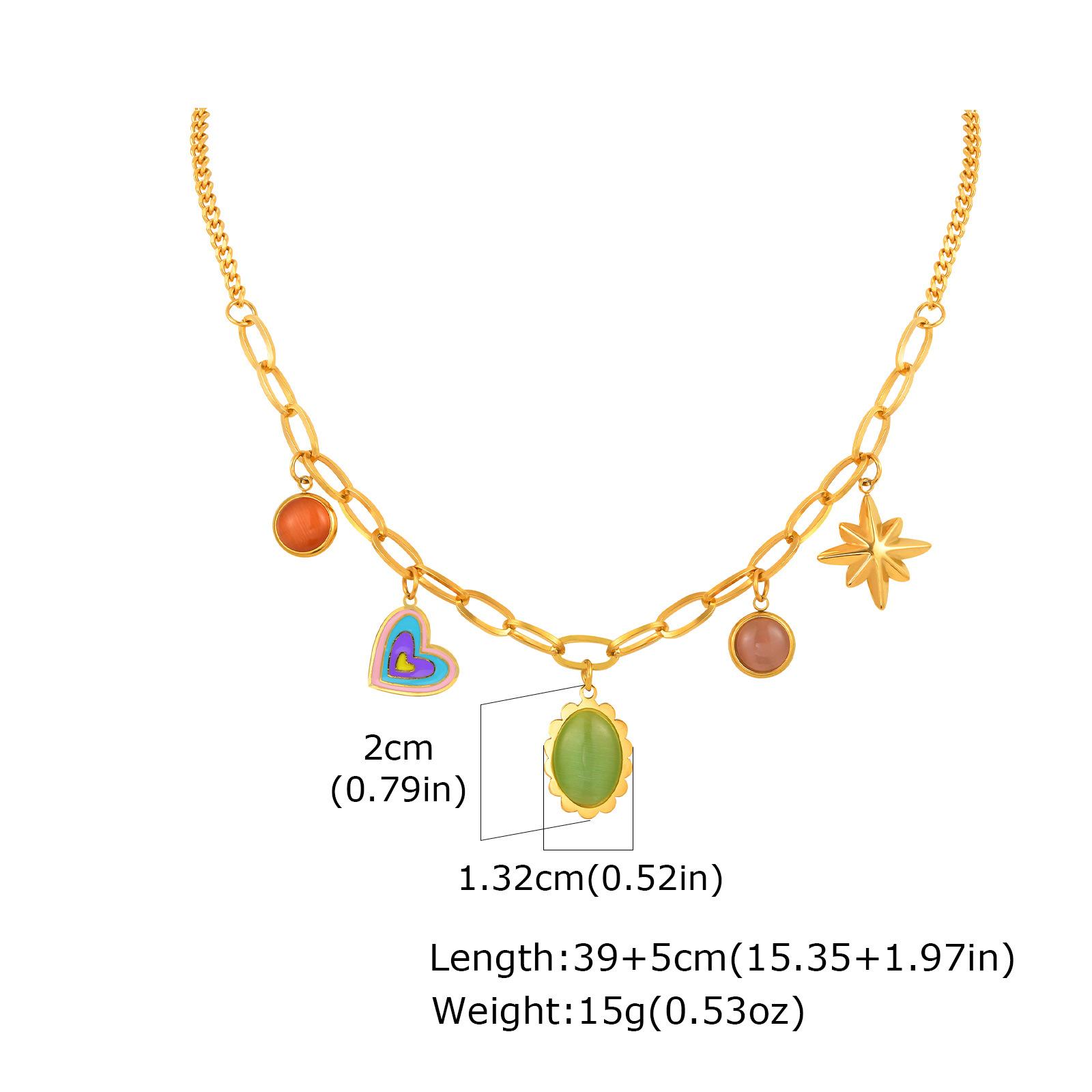 Stainless Steel Chain Colored Heart Octagram Opal Splicing Gold Necklace, Ladies Jewelry 2242