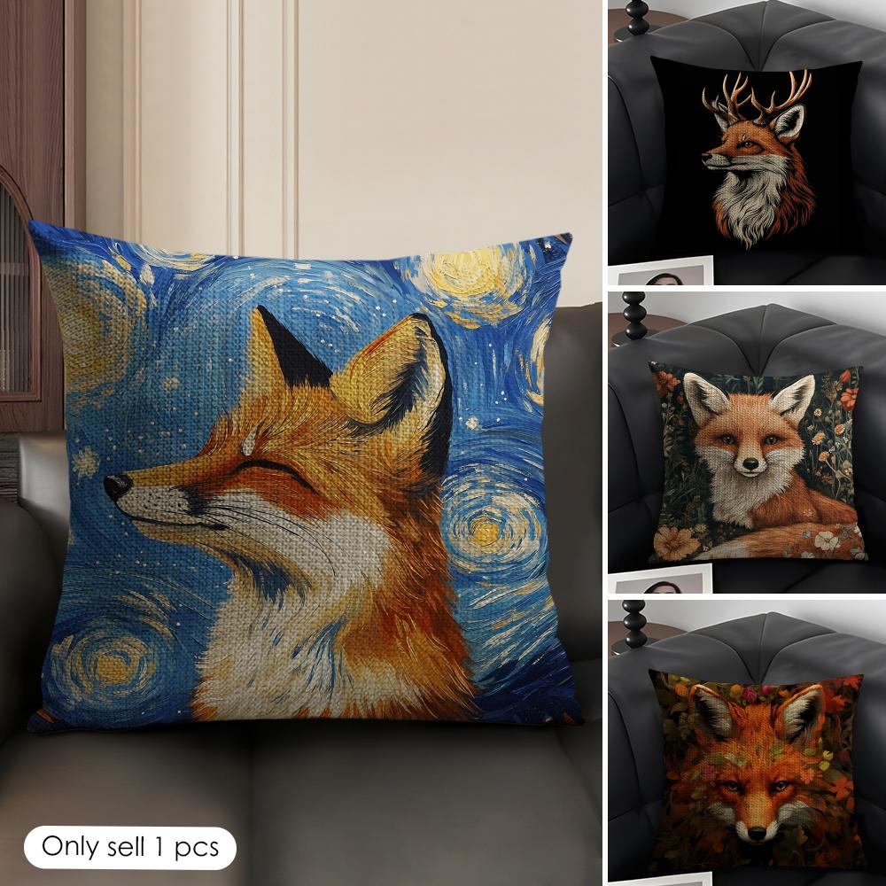Cute Fox Cushion Cover Summer Breathable Linen Organic Fabric Double-Sided Printing Sofa Pillow Case Home Decor
