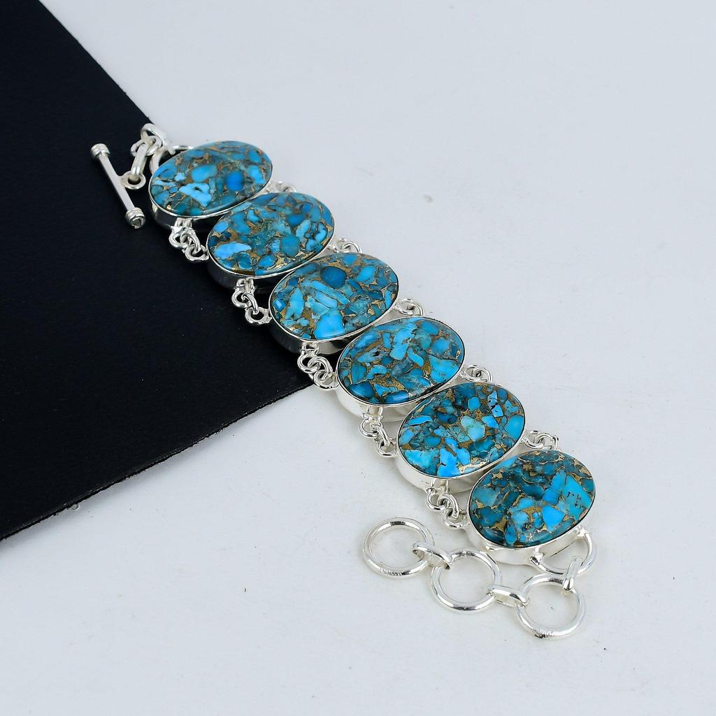 Blue Copper Turquoise Gemstone Handmade 925 Sterling Silver Bracelet, Blue Copper Turquoise Bracelet For Wife , Unisex Bracelet, Wadding Gift