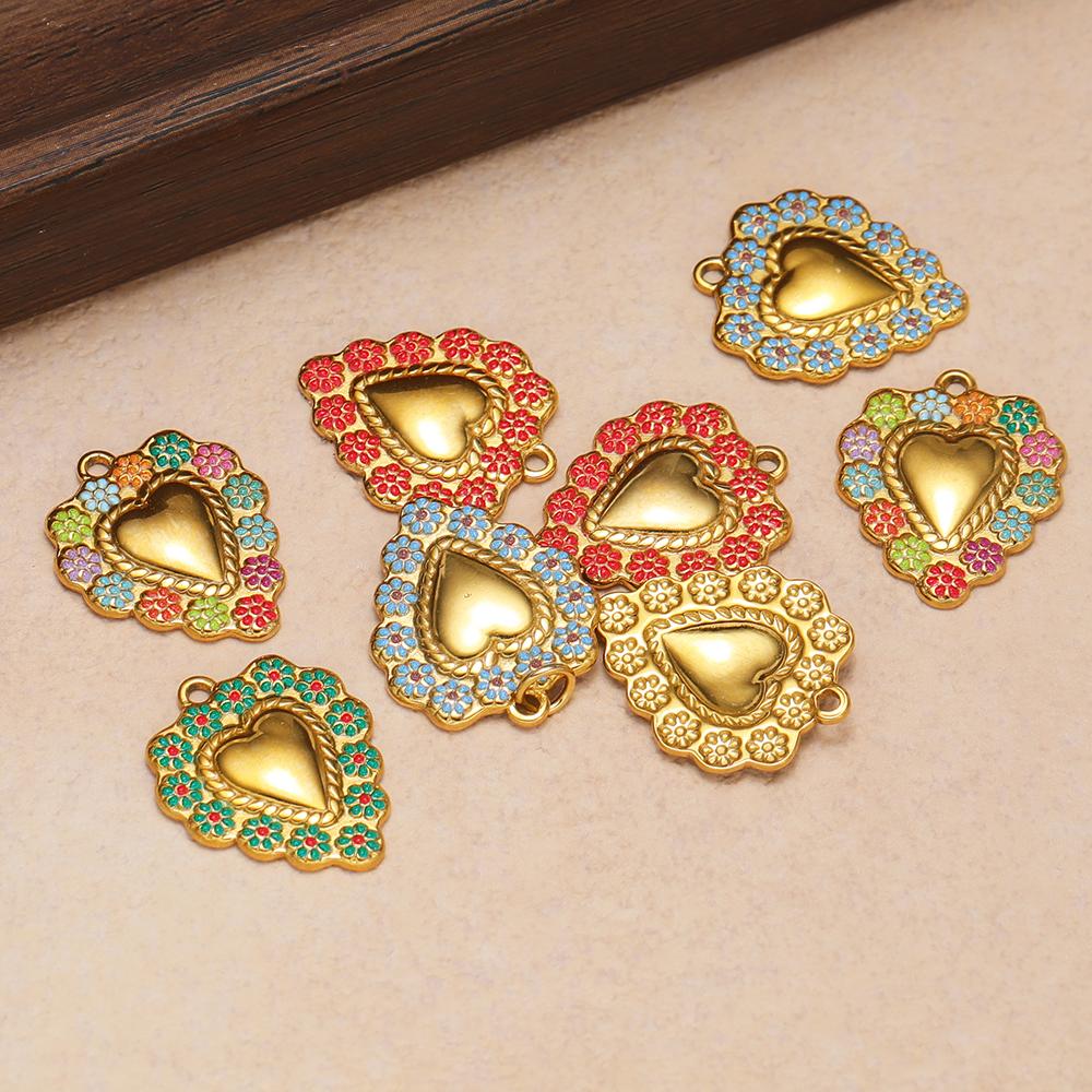 5Pcs Stainless Steel Heart Pendant Enamel Flower Charms DIY Vintage Jewelry Findings Necklace Bracelet Supplies Earrings Making