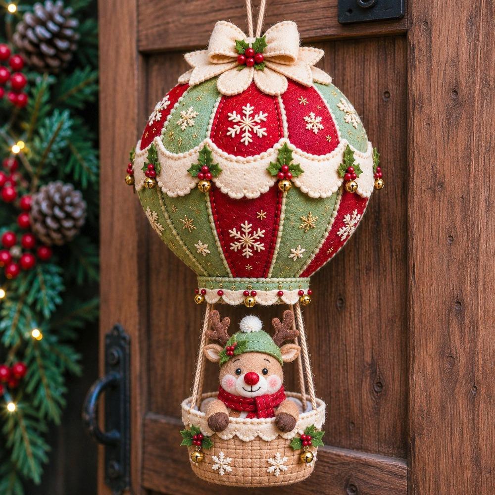 Vintage Christmas Hot Air Balloon Kit with Bell Bow Snowman Santa Balloon Hanging Decor Handmade Hand-Sewn Xmas Tree Pendant Kit