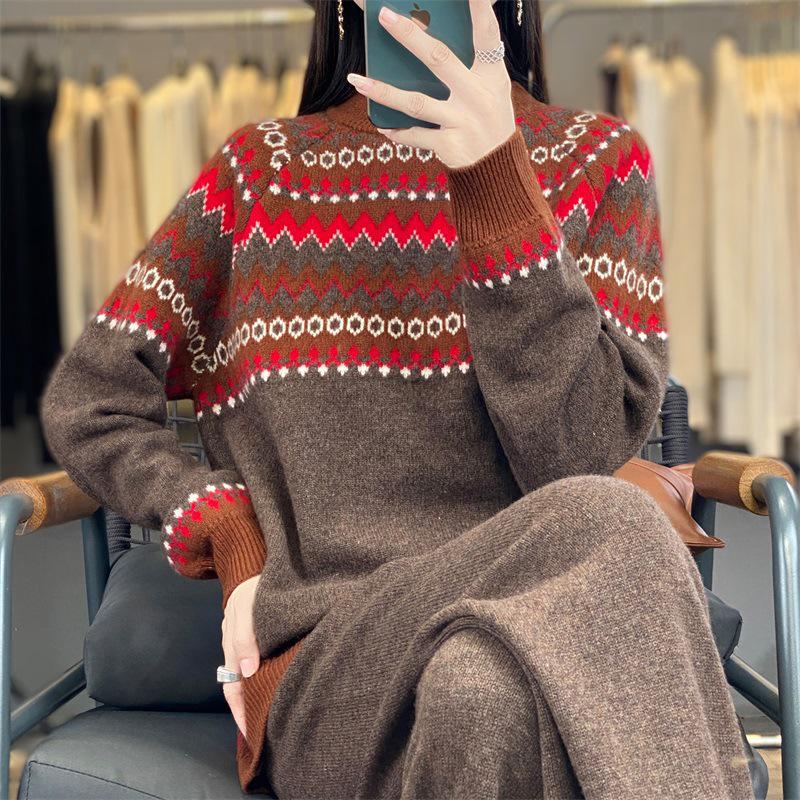 Wool Argyle Ethnic Style Retro Color Block Sweater & Long Pants Set for Women - Autumn/Winter Fashion