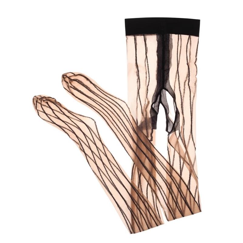 Skinny Striped Pantyhose Women Sexy Open Crotch Tights Oil Shiny Thin Transparent Stockings  Pole Dance Clubwear