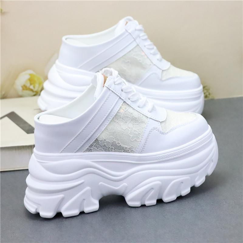 Fashion 12CM Air Mesh Lace Genuine Leather Comfy Platform Wedge Slippers High Brand Breathable Summer Platform Wedge Casual Shoes