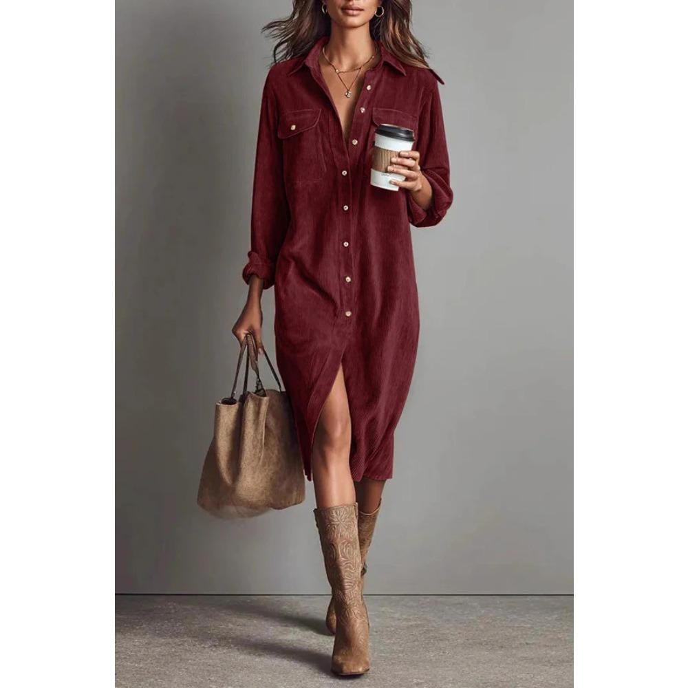Women's Turn Down Collar Long Sleeve Loose Fit Corduroy Shirt Dress With Button Detail High Waist Solid Color Autumn Casual Commuter Midi Dress Outfit