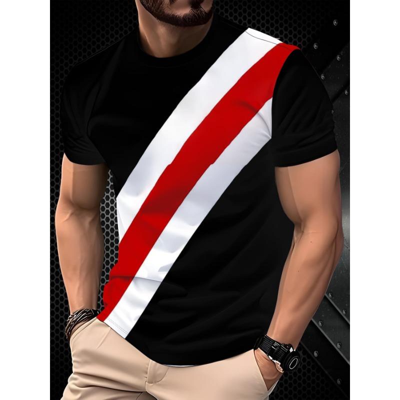 Men s Summer Short-Sleeve T-Shirt with Color-Block Diagonal Stripe Patchwork - Breathable Crew Neck Casual Top S