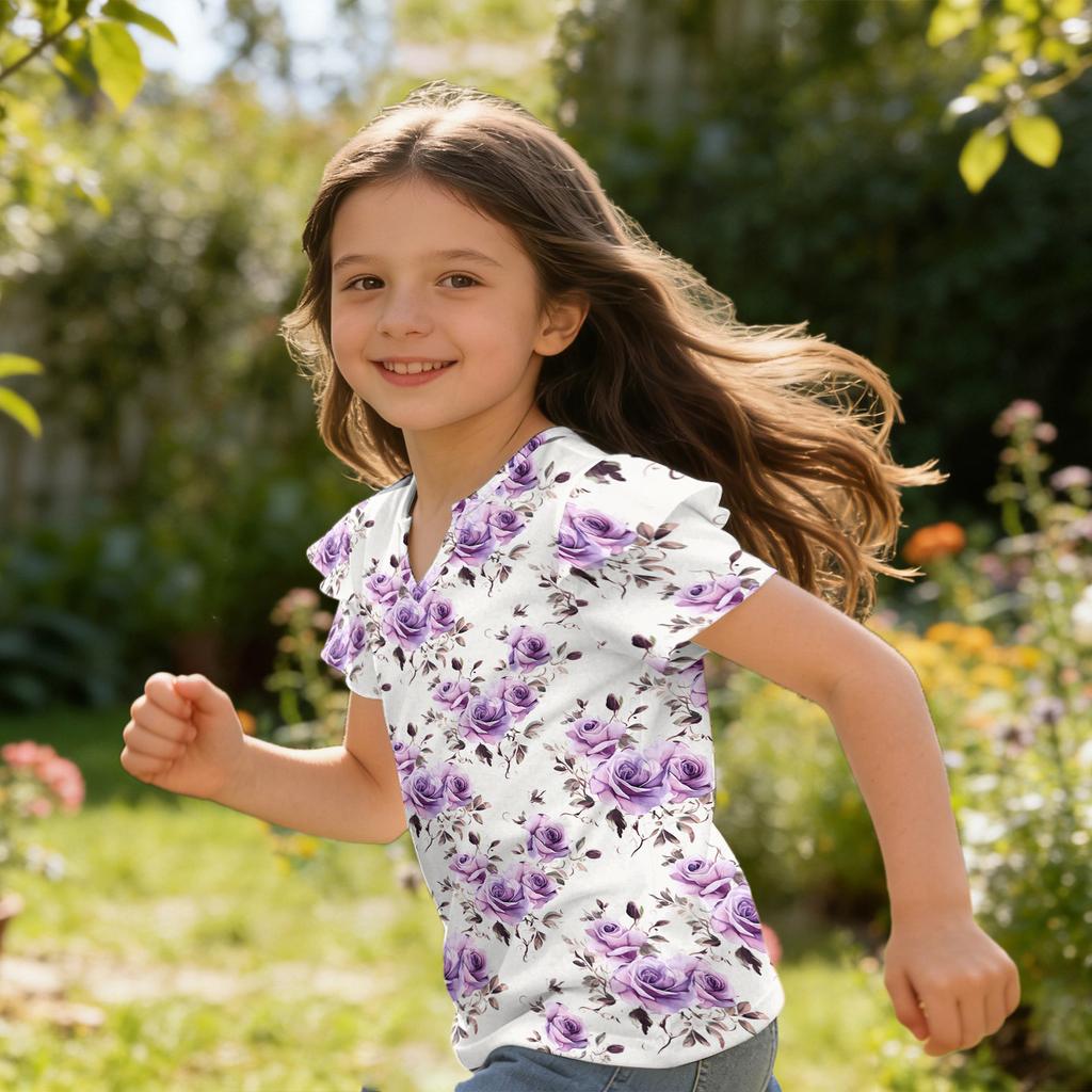 Meisjes V-hals Korte Mouw Bloemenprint T-shirt Casual Ruchemouw Shirt Lichtgewicht Ademend Zomer Topje voor Kinderen