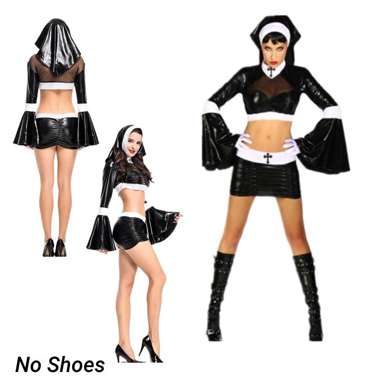 Coated Halloween Split Nun Sexy Cosplay Costume Set Black Skirt Perform Party