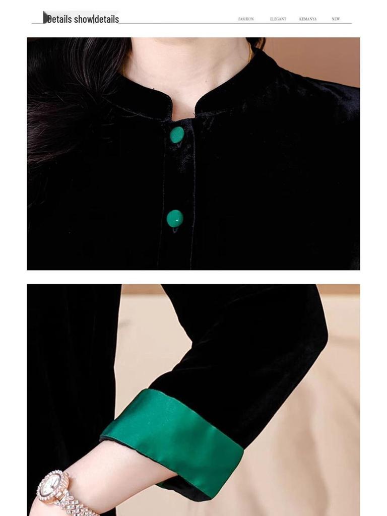 Damenmantel aus schwarzem Samt - Neuer chinesischer Stil Frühling/Herbst Lockerer Cardigan