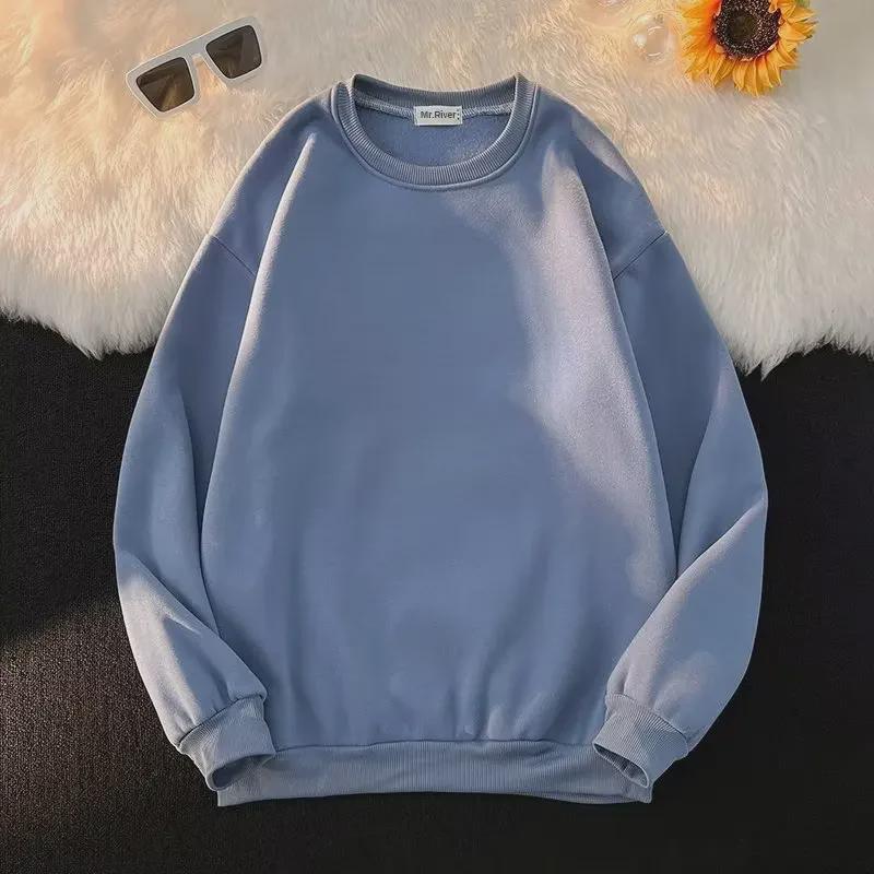 Unisex Round Neck Plush Sweatshirt: White, Long Sleeve, Hoodless, Loose Fit, Trendy and Casual.
