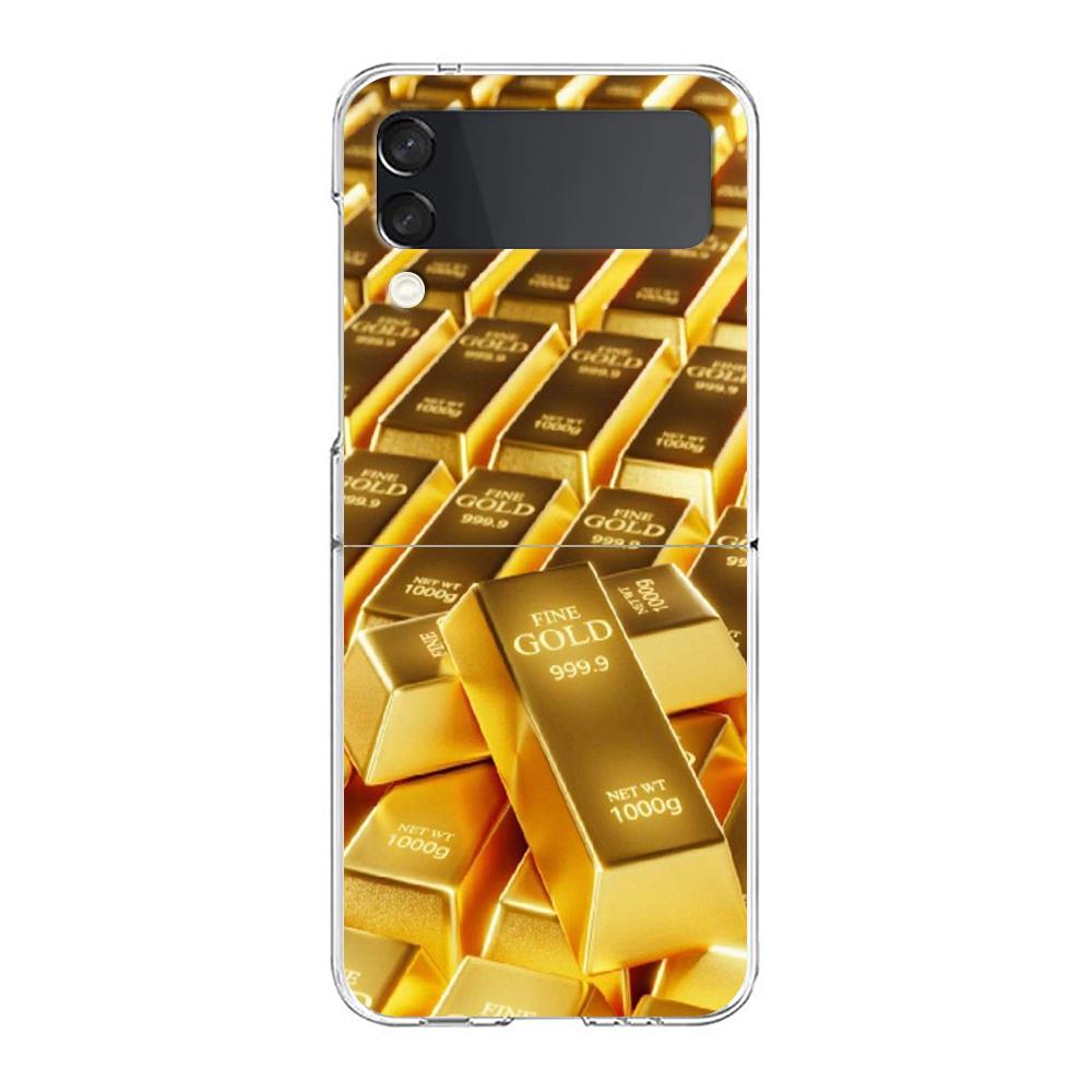 Phone Case For Samsung Galaxy Z Flip 7 6 5 4 3 Clear Hard Folding Cover For Samsung Z Flip6 Flip5 Flip4 Gold Money Pattern