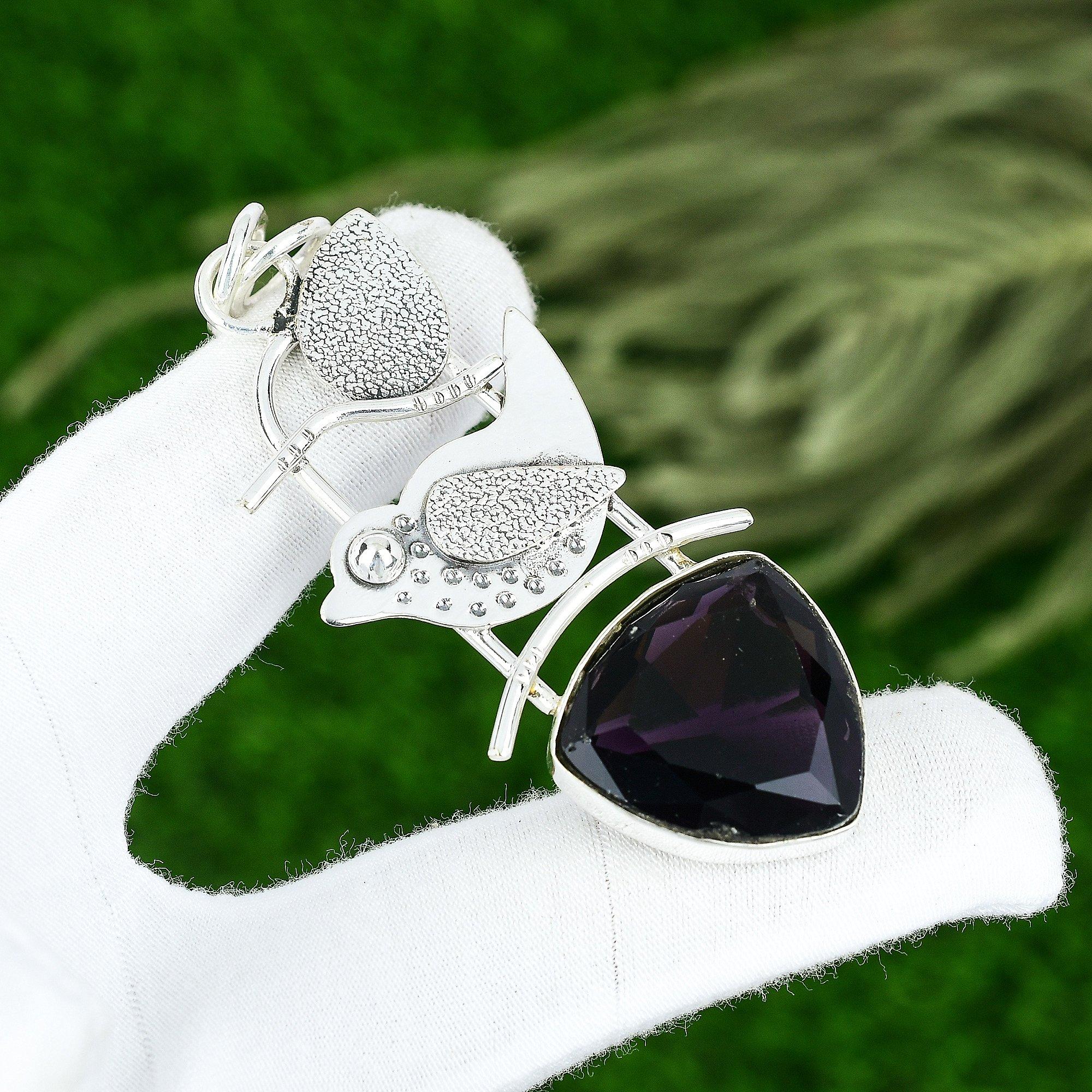 

925 Silver Trillion Amethyst Gemstone Ethnic February Birth New Pendant Jewelry