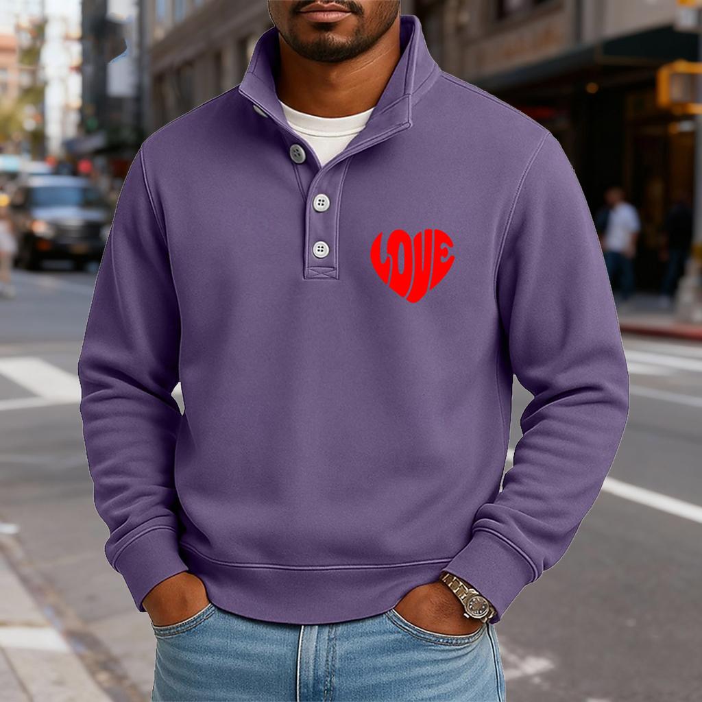 Men's Casual Stand-Up Collar Long-Sleeve Top Print Button-Down Sweatshirt