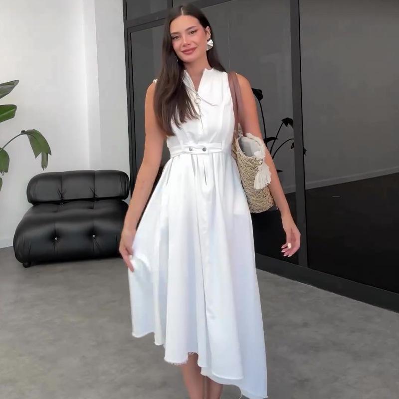 2024 Summer Women's Solid Color Sleeveless Stand-Up Collar Tie Waist Dress