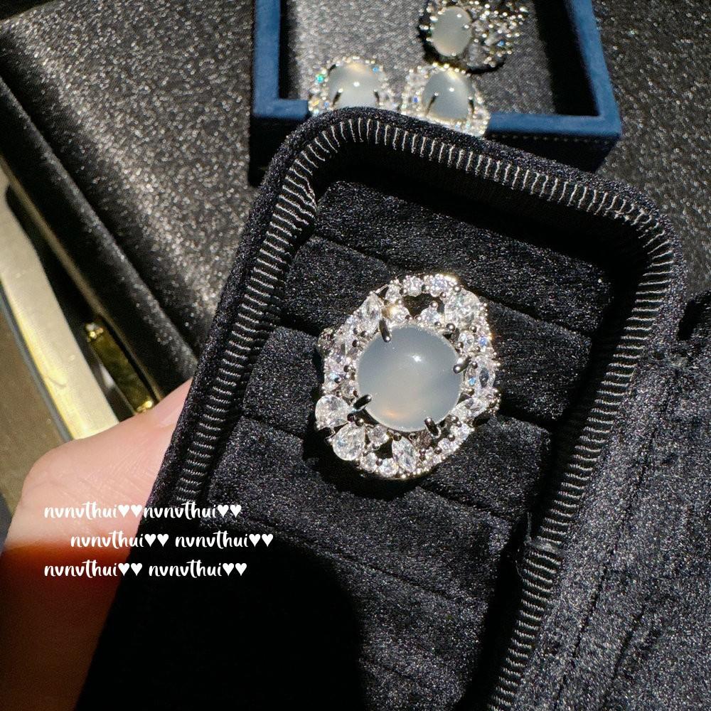 Lychee Frozen Egg-Shaped White Chalcedony Gypsy Gemstone Ring, Water Spirit, Concubine Smile White Chalcedony Zircon Earrings