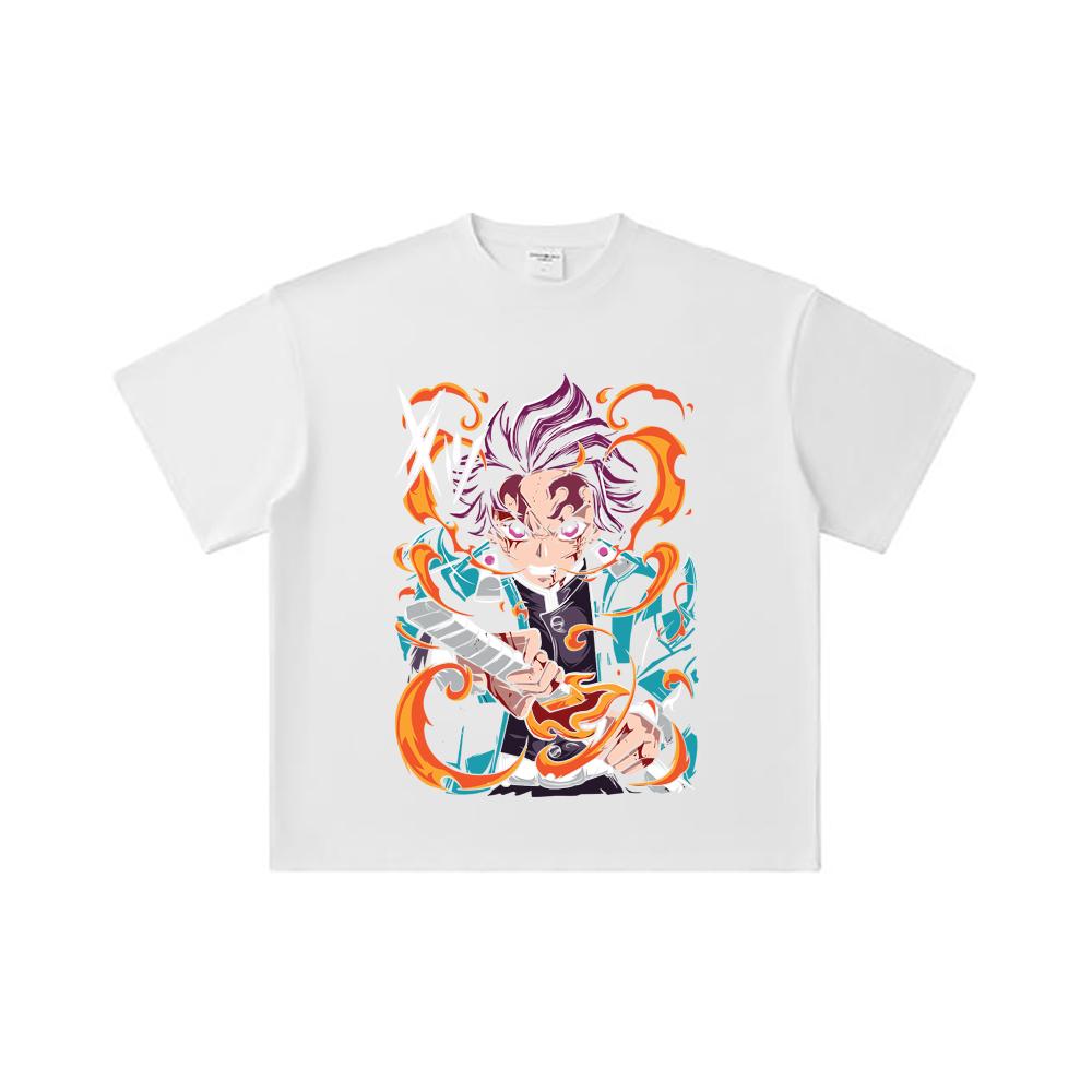 260 GSM Double Yarn 32 Count 100% Cotton Demon Slayer V64 Tanjiro Fire Breathing Print Unisex Heavy Cotton T Shirt