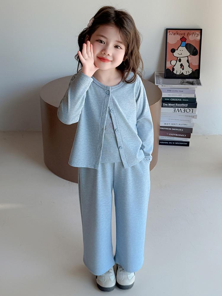 2025 Autumn Girls' Korean Style Three-Piece Set: Teddy Bear Cardigan, Knitted Sweater Vest, and Wide-Leg Pants