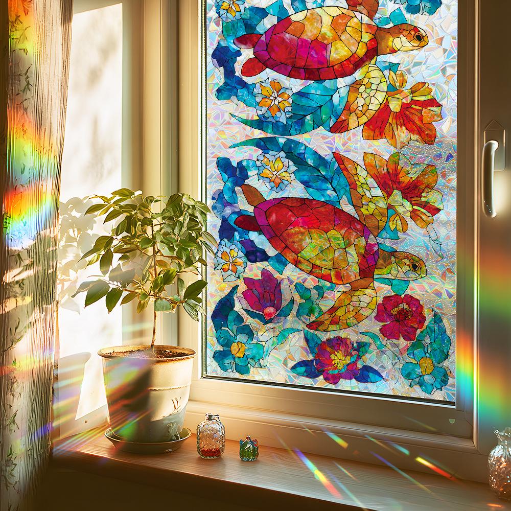 Personalised Laser-Cut Glitter Turtle and Floral Bathroom Glass Door and Window Decorative Static Cling Stickers