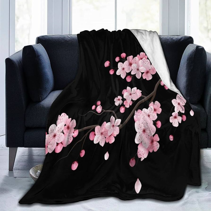 White Pink Cherry Blossom Flannel Throw Blanket Romantic Flowers King Queen Full Size For Living Room Sofa Couch Lightweight